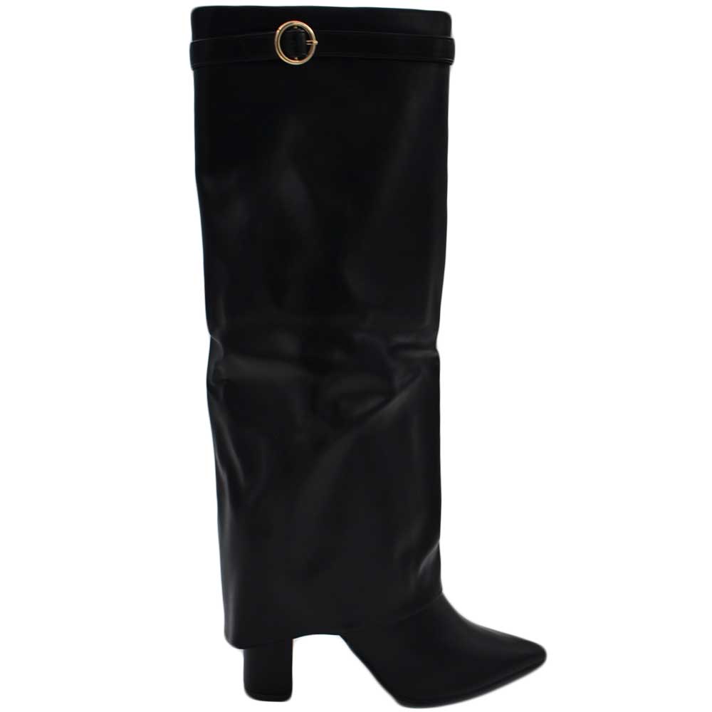 Stivali donna al ginocchio shark a punta in pelle nero con risvolto cerchio oro tacco largo 10 zip interna nascosta.