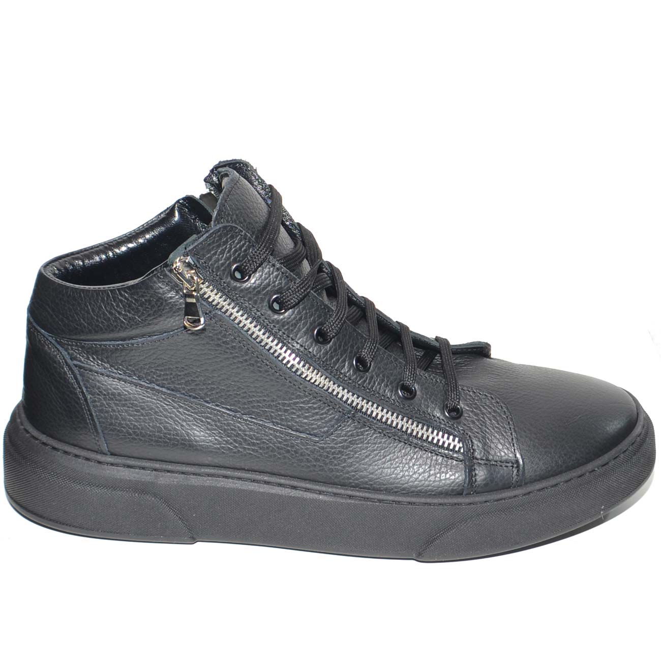 Sneakers bassa uomo in vera nero bortolato bianco con doppia zip argento lacci fondo fur nero modello za022 moda uomo