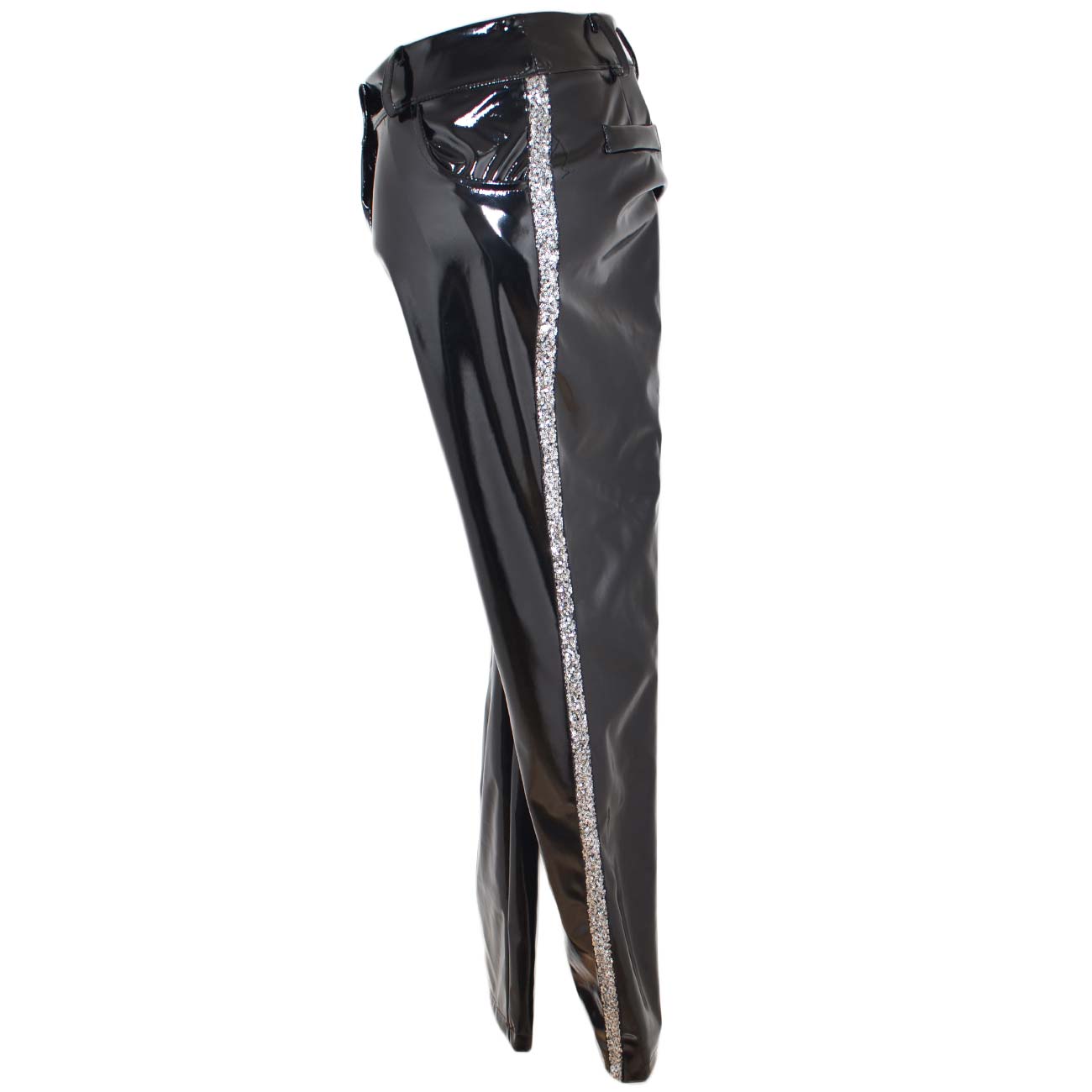 Pantaloni donna tipo leggins in vinile lucido nero con striscia di paillettes laterali aderenti chiusura zip e bottone 