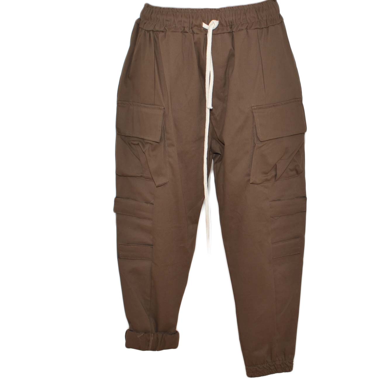 Pantaloni cargo uomo cuoio con tasconi laterali ed elastico in vita con laccio comodo casual moda militare .