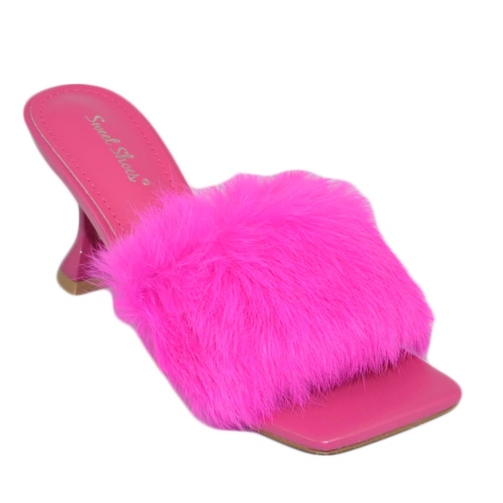 Scarpe donna col tacco fucsia Pastello mule pelliccia con tacco martini 9 cm sabot sandalo moda tendenza