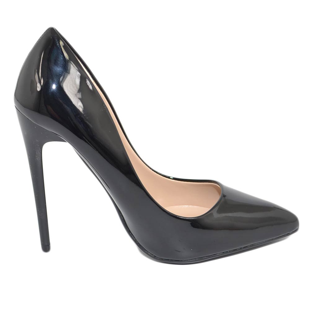 Decollete' donna a punta nero tacco a spillo 12 cm vernice comode lucido scarpe per cerimonie eventi
