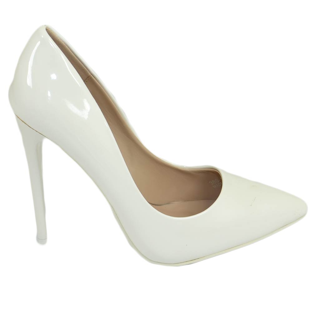 Decollete' donna a punta bianco tacco a spillo 12 cm vernice comode lucido scarpe per cerimonie eventi sposa matrimonio