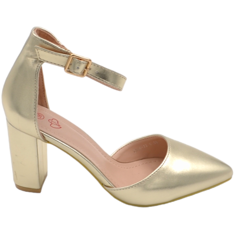 Scarpa decollete' donna a punta maryjane oro con tacco largo 8cm e cinturino alla caviglia stabile comodo