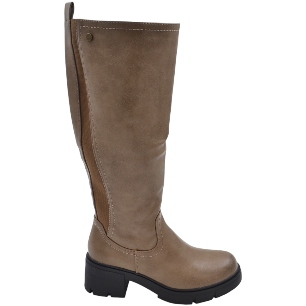 Stivali alti in pelle taupe con tacco basso in gomma 4cm e plateau 2cm al ginocchio elastico calzata comoda curvy zip 