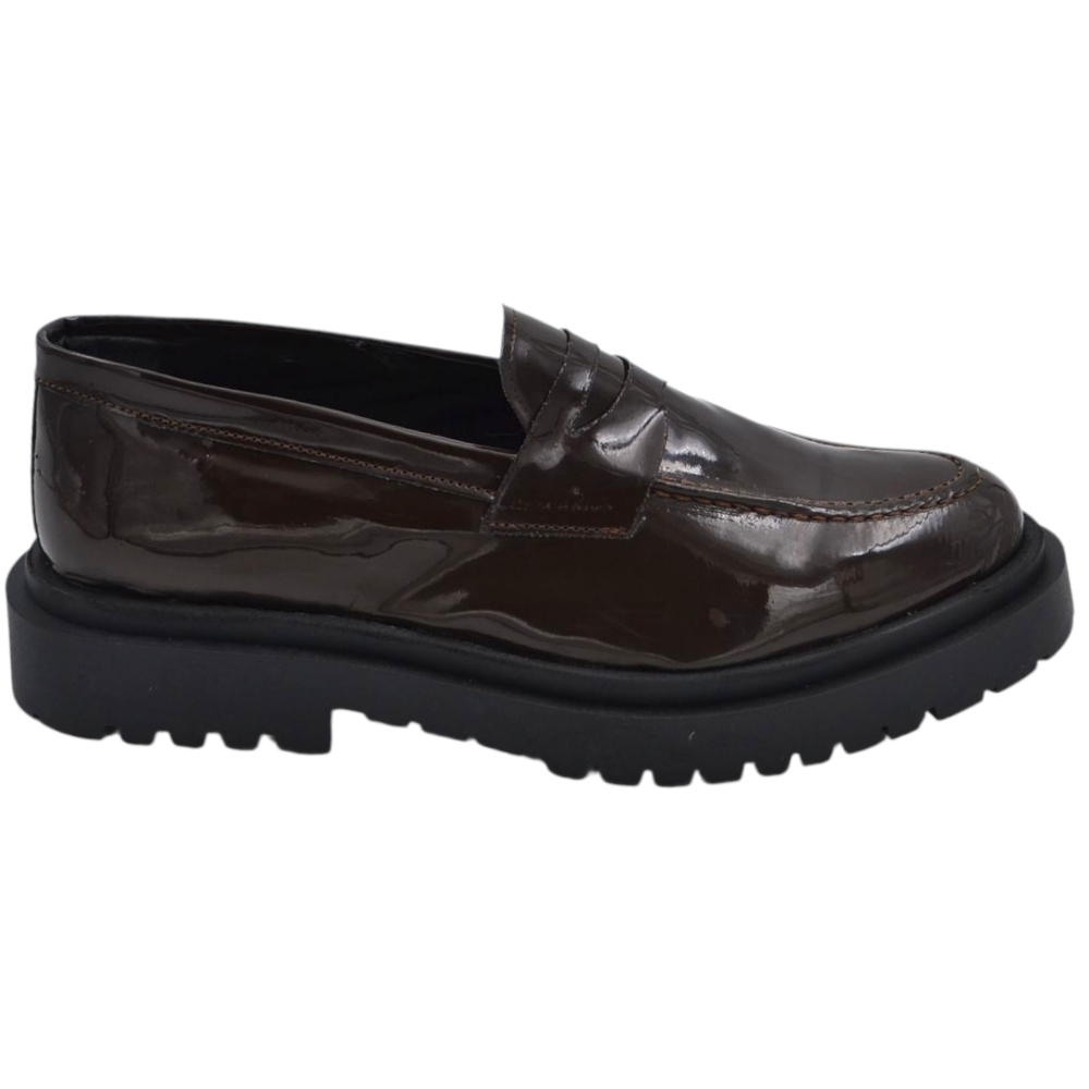 Scarpe uomo mocassino con bendina marrone vera pelle lucida fondo alto gomma zigrinato