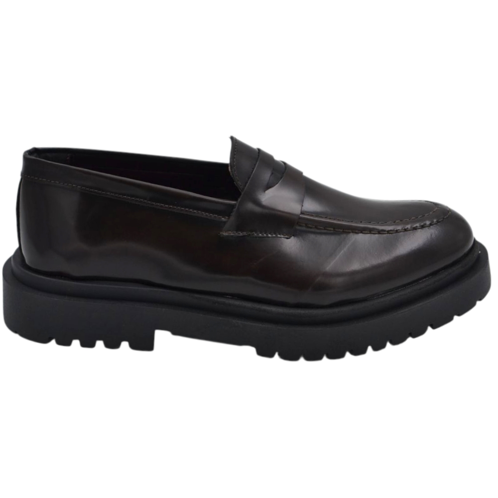 Scarpe uomo mocassino con bendina marrone vera pelle semilucida effetto vintage fondo alto gomma zigrinato