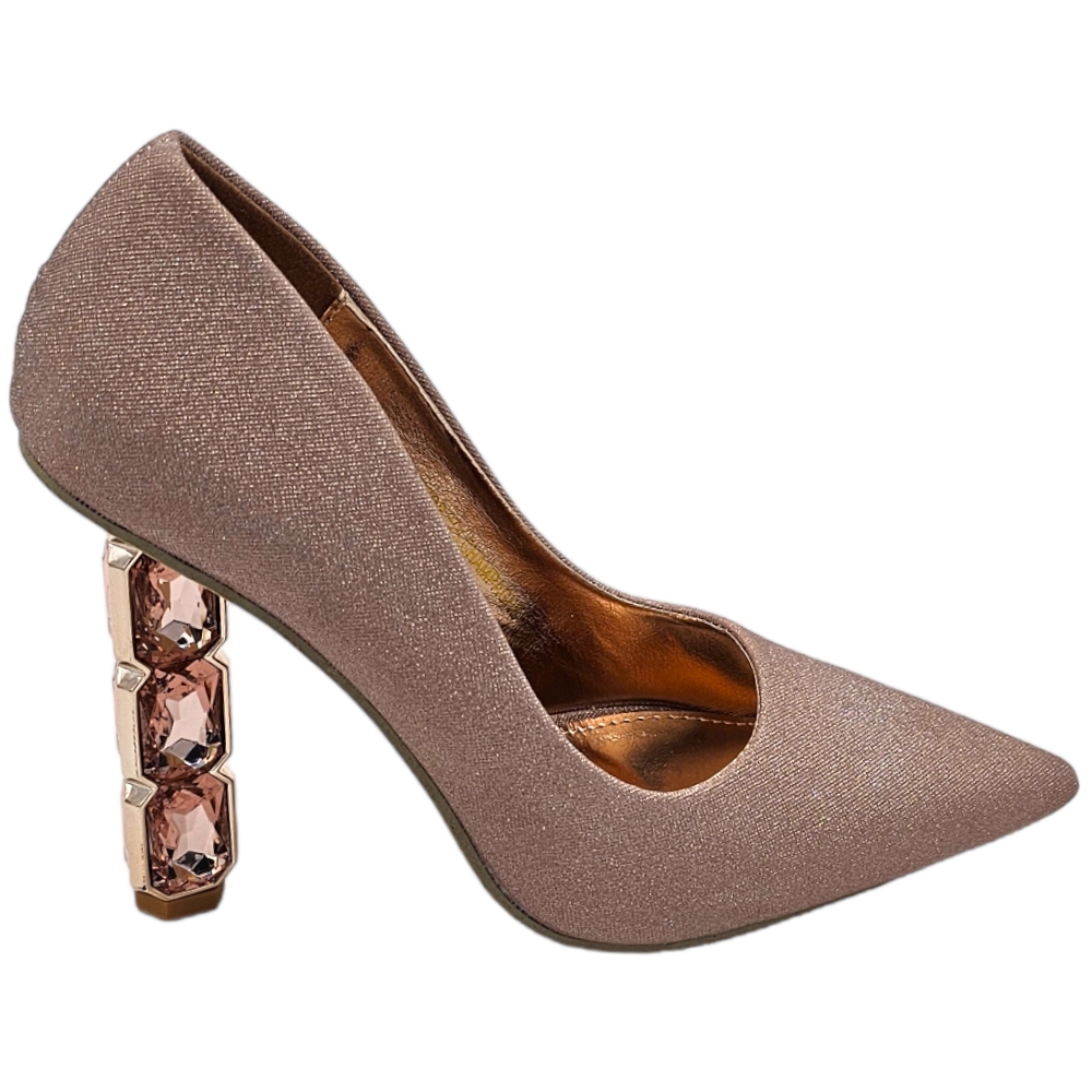 Decollete a punta donna scarpa elegante glitter champagne oro rosa con tacco gioiello triangolare 10 cm .