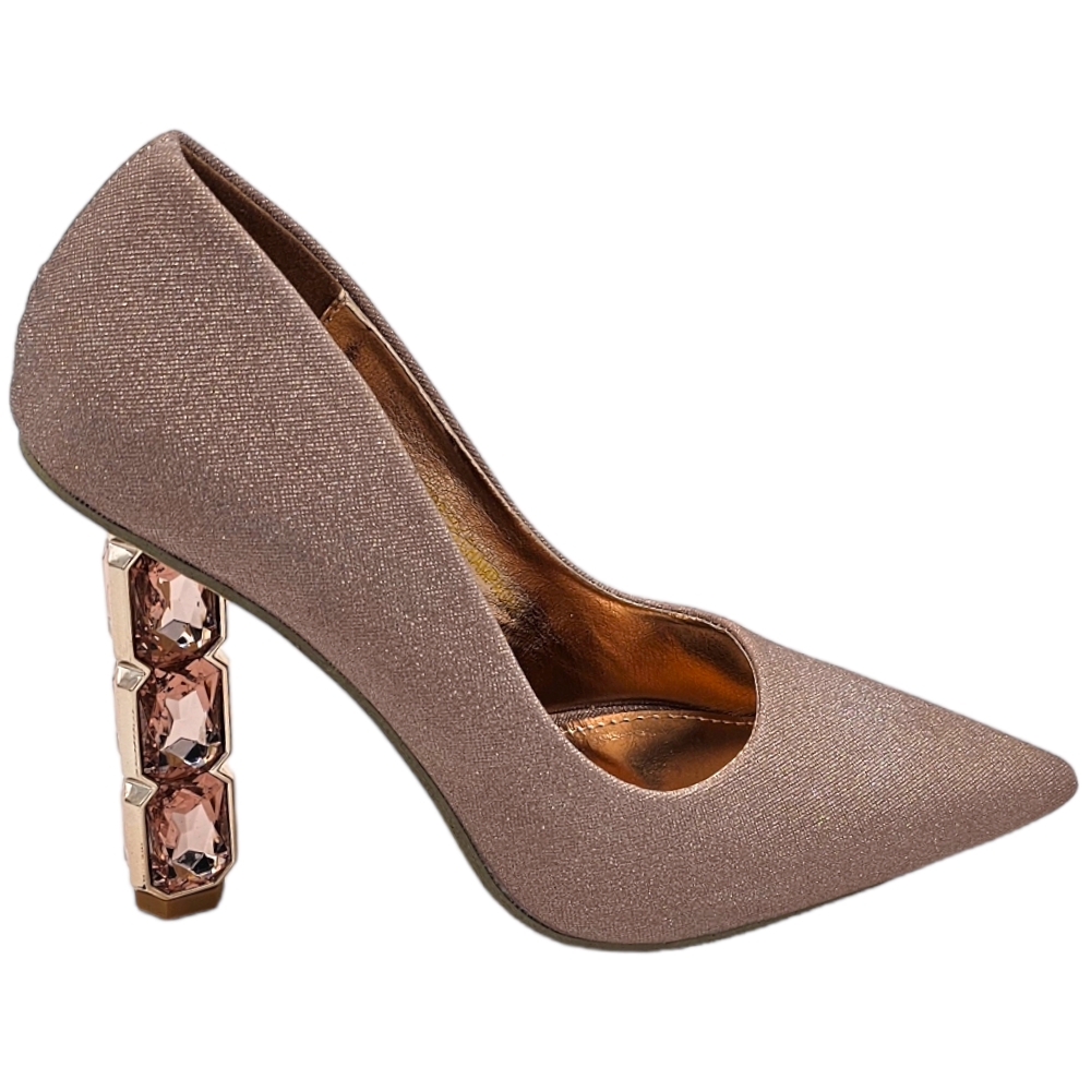 Decollete a punta donna scarpa elegante glitter champagne oro rosa con tacco gioiello triangolare 10 cm 