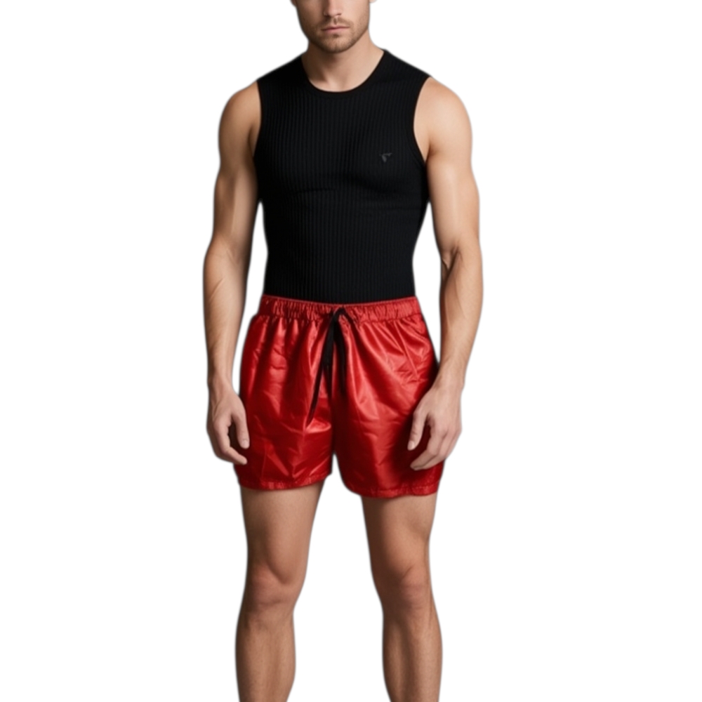 Costume mare uomo box corto rosso monocromatico in tessuto semilucido opacizzato slim fit trend asciugatura rapida .