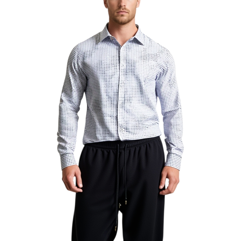 Camicia uomo cotone nero collo rigido manica lunga motivo astratto bianco nero basic.