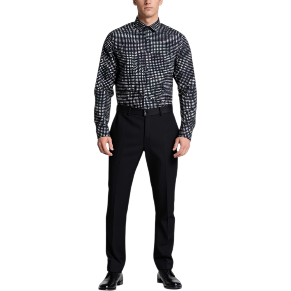 Camicia uomo cotone nero collo rigido manica lunga motivo astratto nero bianco basic .