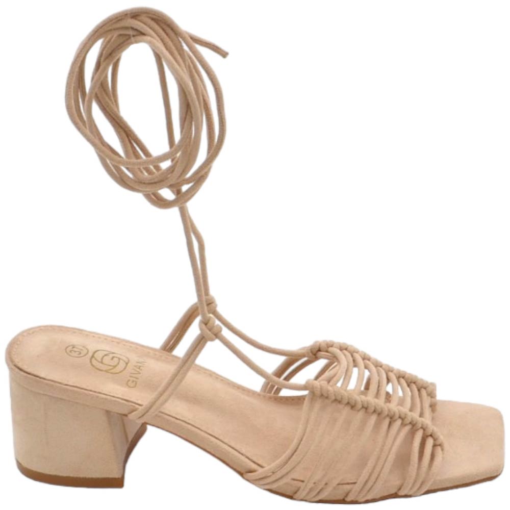 Sandalo donna beige intrecciato in camoscio tacco basso largo comodo 4 cm lacci alla schiava moda linea basic cerimonia 