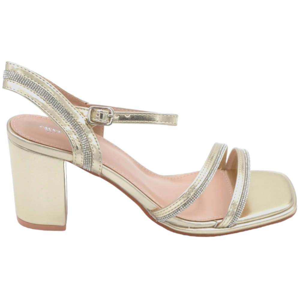 Scarpe sandalo donna oro pelle lucida con fasce a incrocio con strass chiusura alla caviglia sling back tacco 5cm
