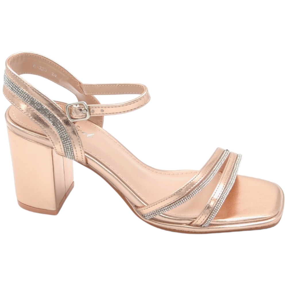 Scarpe sandalo donna oro rosa pelle lucida con fasce a incrocio con strass chiusura alla caviglia sling back tacco 5cm.