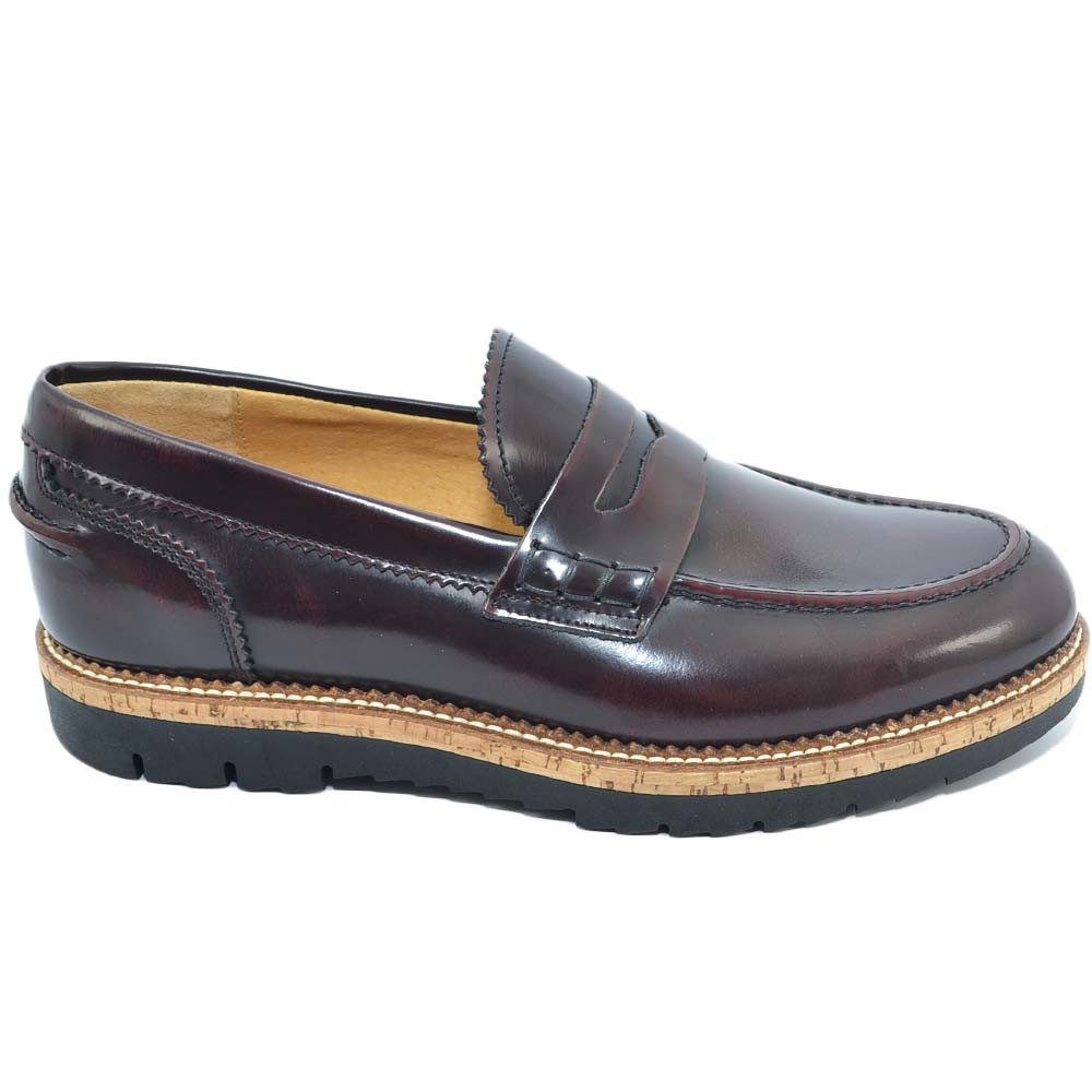 Scarpe college inglese uomo bordeaux mocassino in vera pelle abrasivato lucido fondo gomma light estivo intersuola cuoio