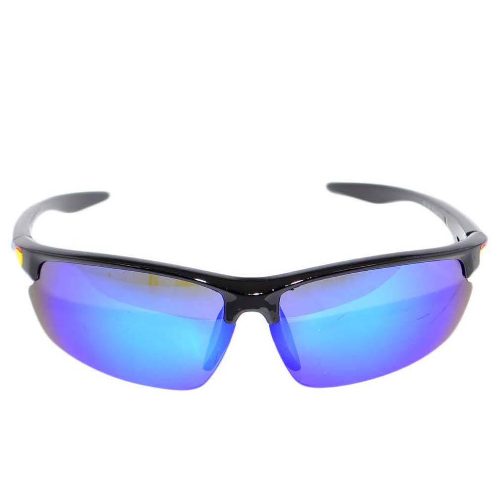 OCCHIALI DA SOLE SUNGLASSES UOMO NERO A MASCHERINA ROTONDA CON LENTE A SPECCHIO BLU MODA GIOVANE