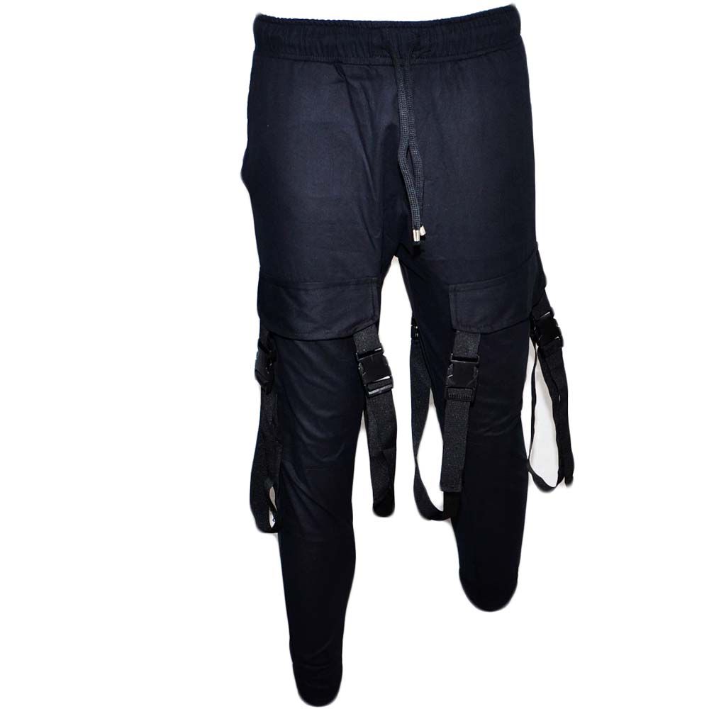 Pantaloni tuta cargo uomo nero con tasconi laterali con laccio in vita comodo casual moda militare