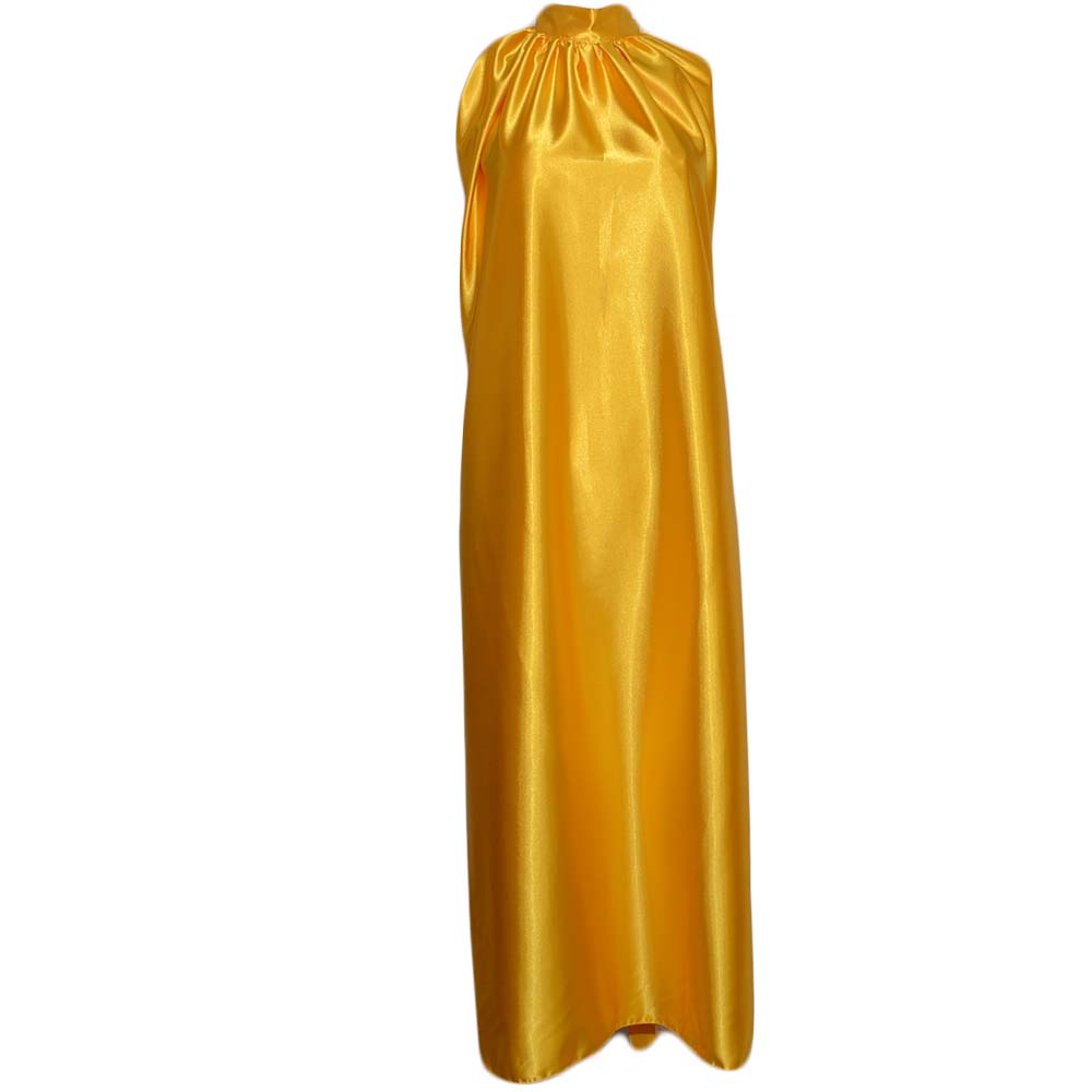 Abito donna lungo morbido in raso giallo ocra con allacciatura al collo spalle scoperte moda lunghezza polpaccio