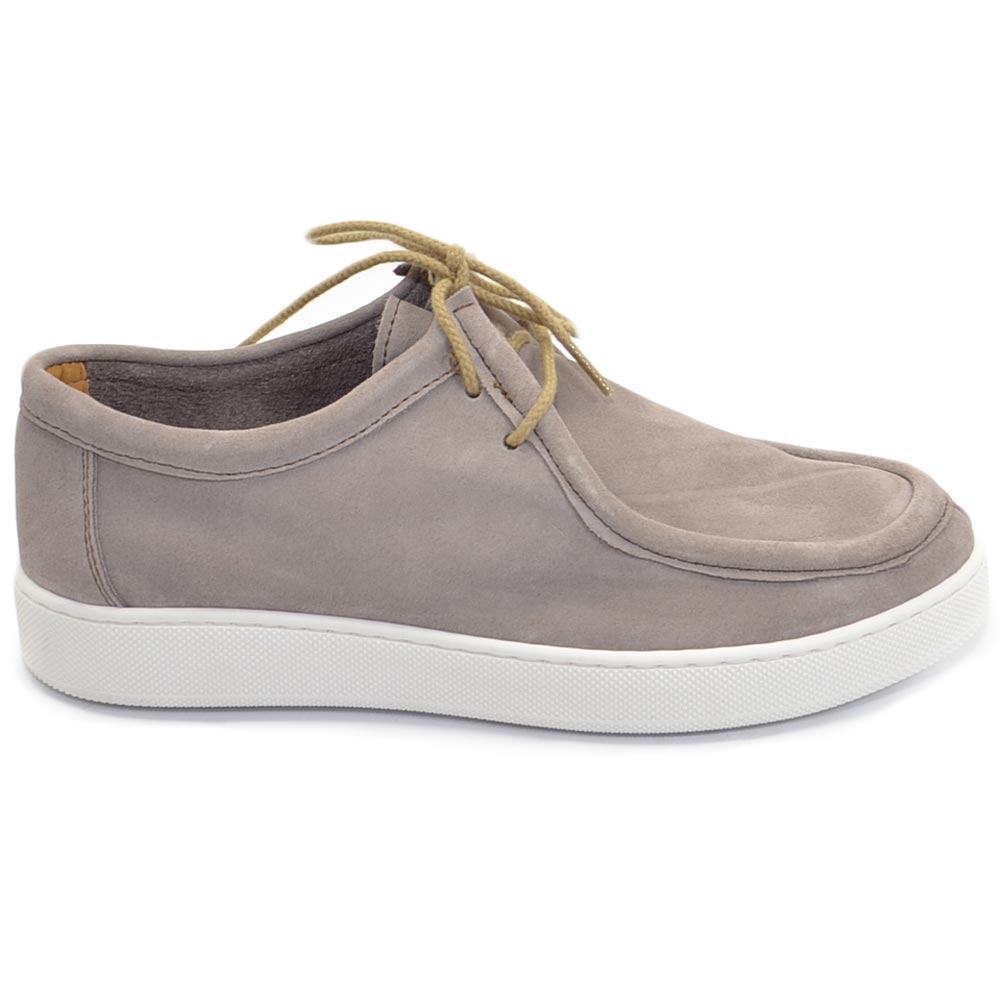 SCARPA UOMO MODELLO INGEGNERE IN VERA PELLE SCAMOSCIATO BEIGE CON GOMMA BIANCA ULTRALEGGERA E LACCI TONO SU TONO