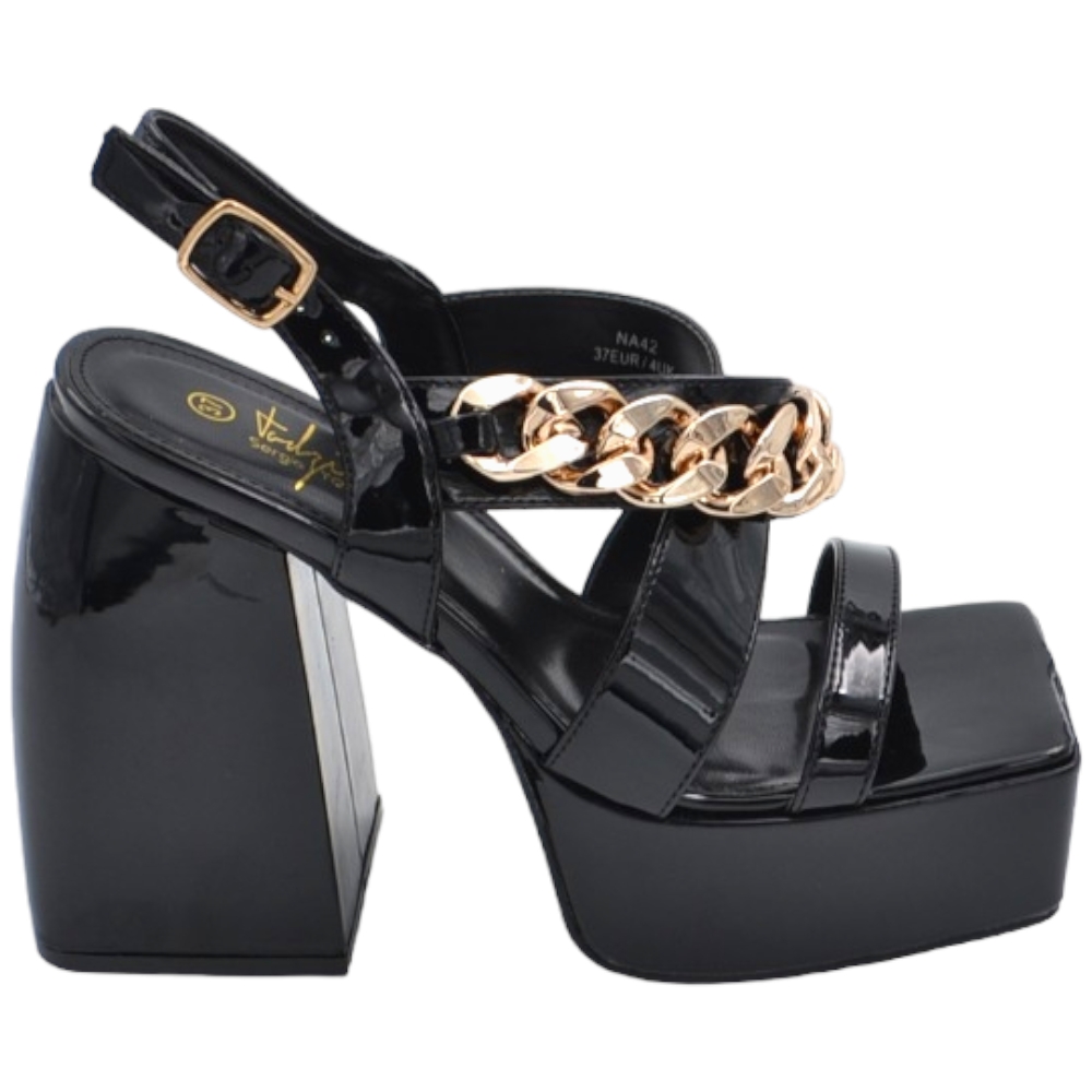 Zeppa donna sandalo platform vernice nero catena oro oplateau alto 3 cm e tacco grosso 12 cm cinturino caviglia