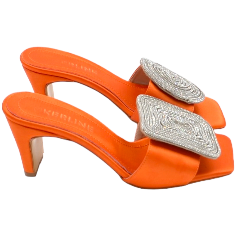 Sandali donna tacco in raso arancione tacco doppio 7 cm open toe disegno gioiello geometrico asimmetrico tondo quadrato .