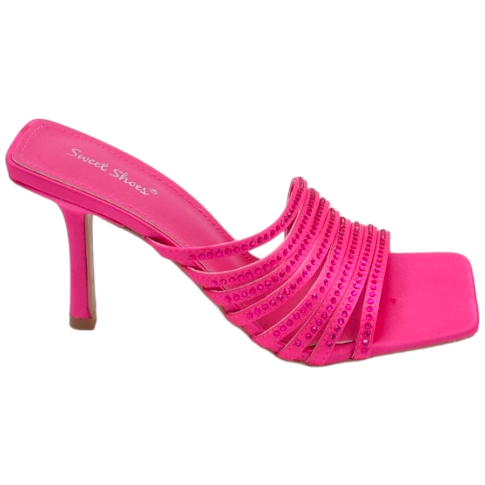 Sandalo gioiello donna fucsia tacco sottile 8cm in raso fasce sottili oblique con strass cerimonia evento open toe