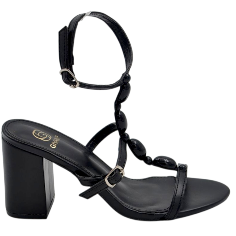 Sandalo donna nero con cinturino centrale con pietre tacco doppio 8 cm chiusura alla caviglia regolabile.
