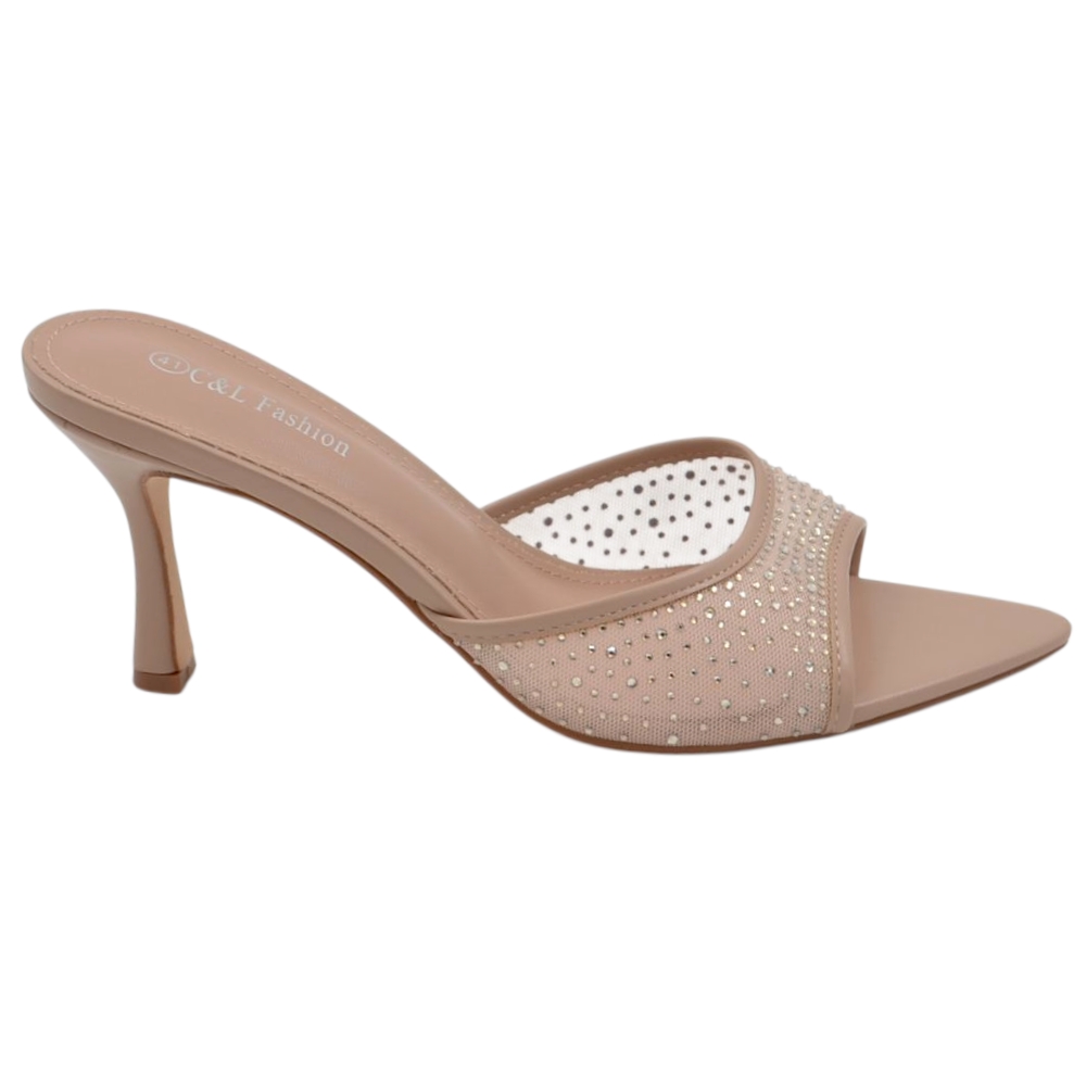 Sandali donna mule beige con tacco a rocchetto 7 cm e fascia trasparente con strass a punta senza chiusura