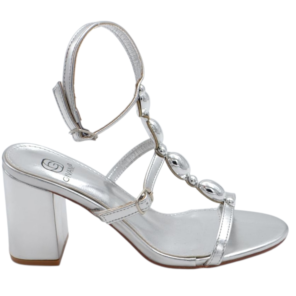 Sandalo donna argento con cinturino centrale con pietre tacco doppio 8 cm chiusura alla caviglia regolabile