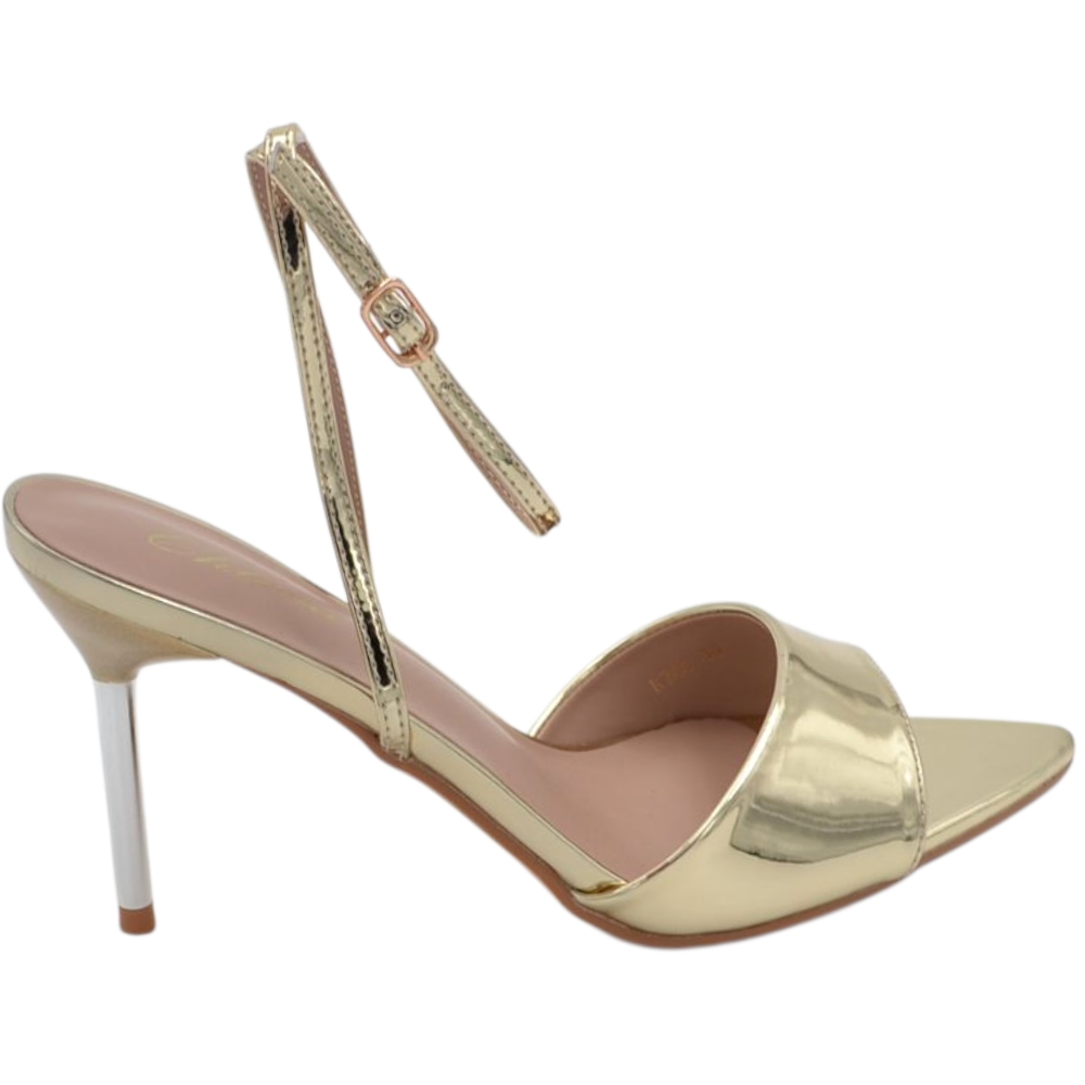 Sandali donna a punta oro effetto specchio tacco sottile 7 cm con chiusura alla caviglia regolabile.