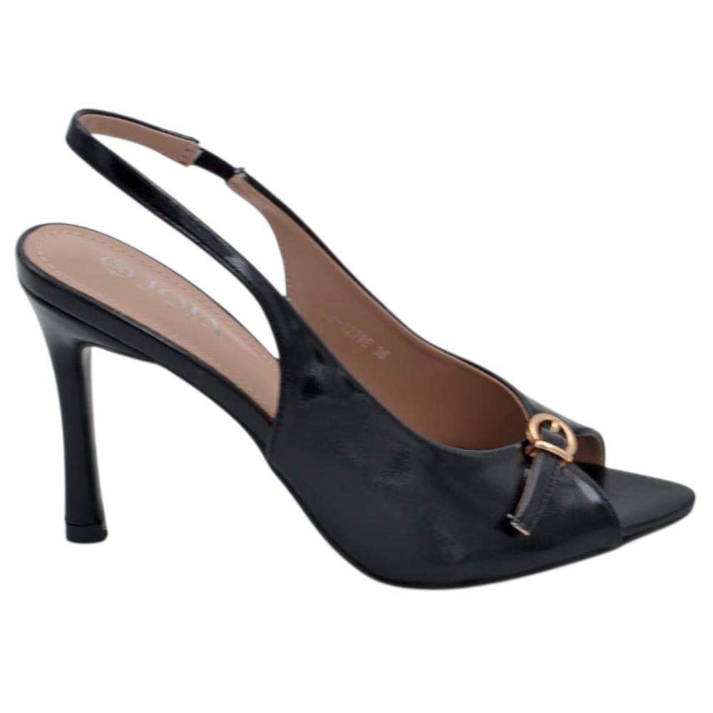 Sandali donna nero slingback con tacco sottile 10 cm fibbia metallica punta aperta chiusura caviglia regolabile.