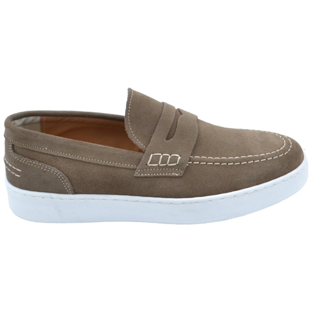 Mocassini uomo college bendina classico sportivo in vera pelle camoscio beige fondo bianco alto 3 cm gomma ultralight