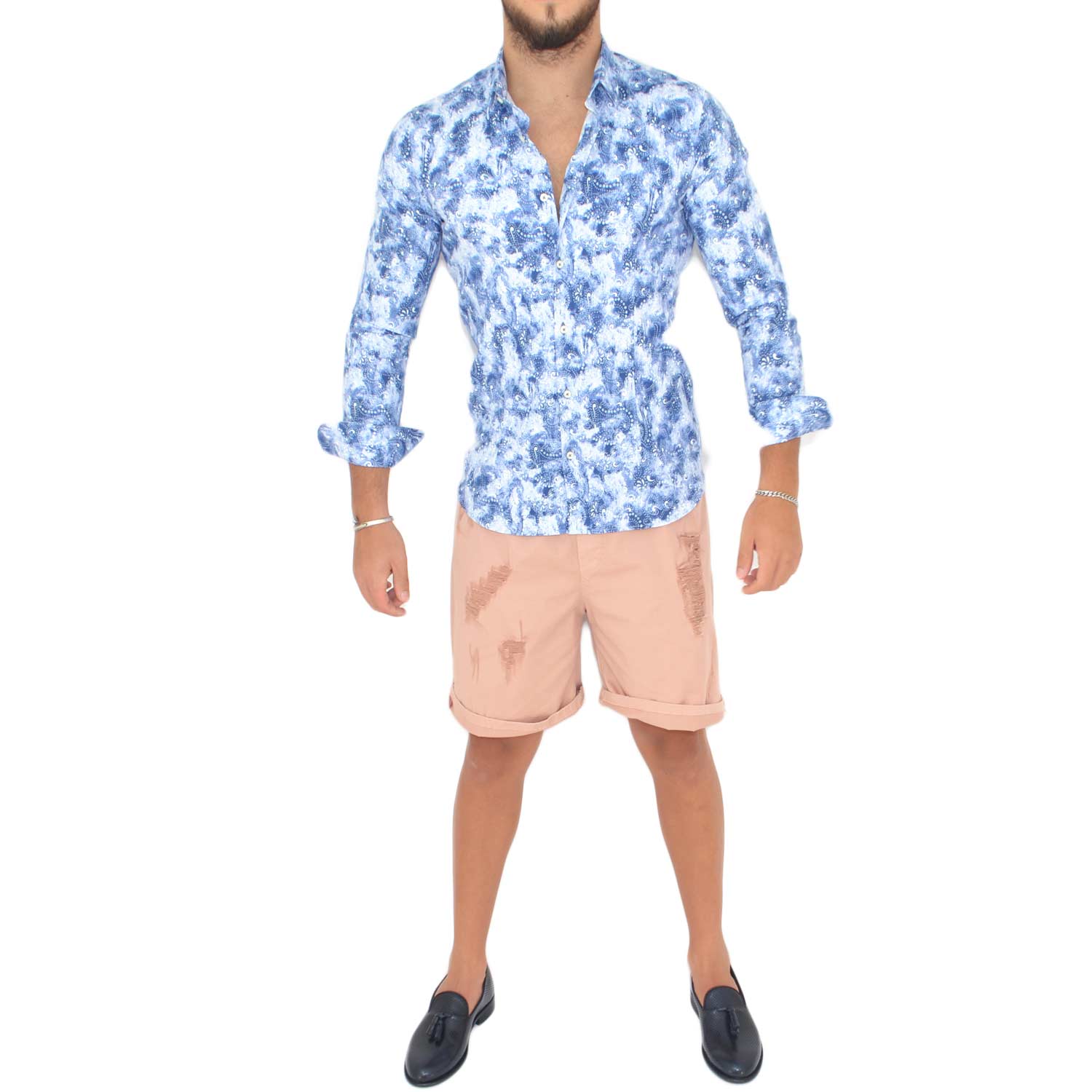Camicia uomo cotone nero collo rigido manica lunga motivo astratto celeste blu basic