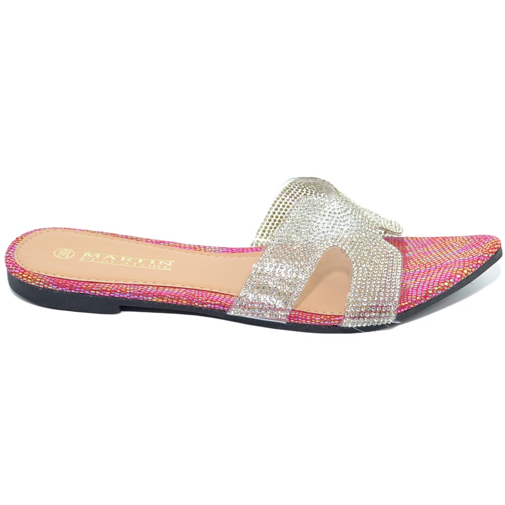 Pantofoline donna rosa sirena a punta tallone scoperto fibbia h trasparente con strass linea comfy chic .