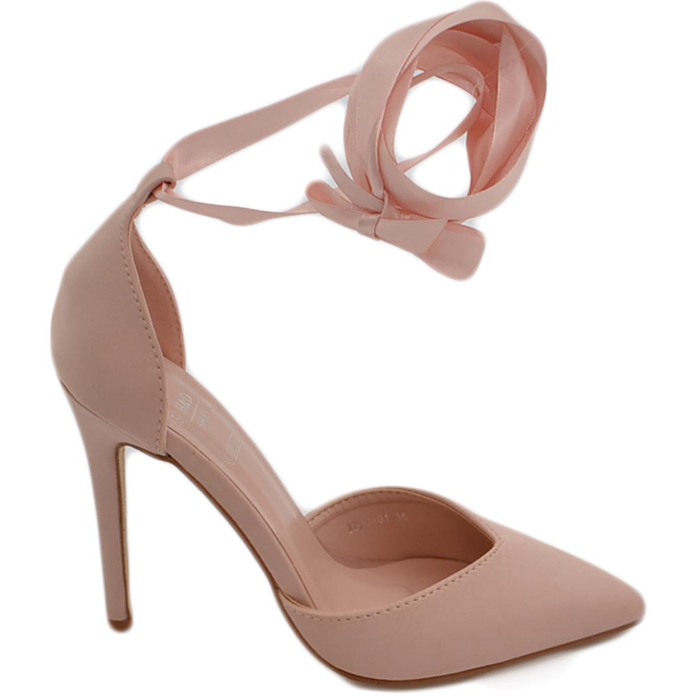 Scarpe decollete mules donna elegante punta in raso rosa cipria tacco a spillo 12 cerimonia con allacciatura schiava.