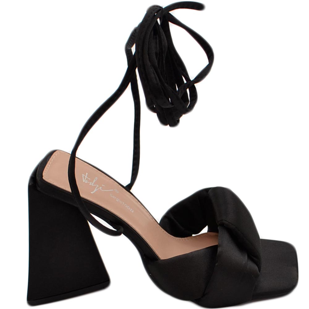Sandali donna mules pantofoline sabot nero intrecciato con tacco largo asimmetrico alto 10 lacci alla caviglia moda .