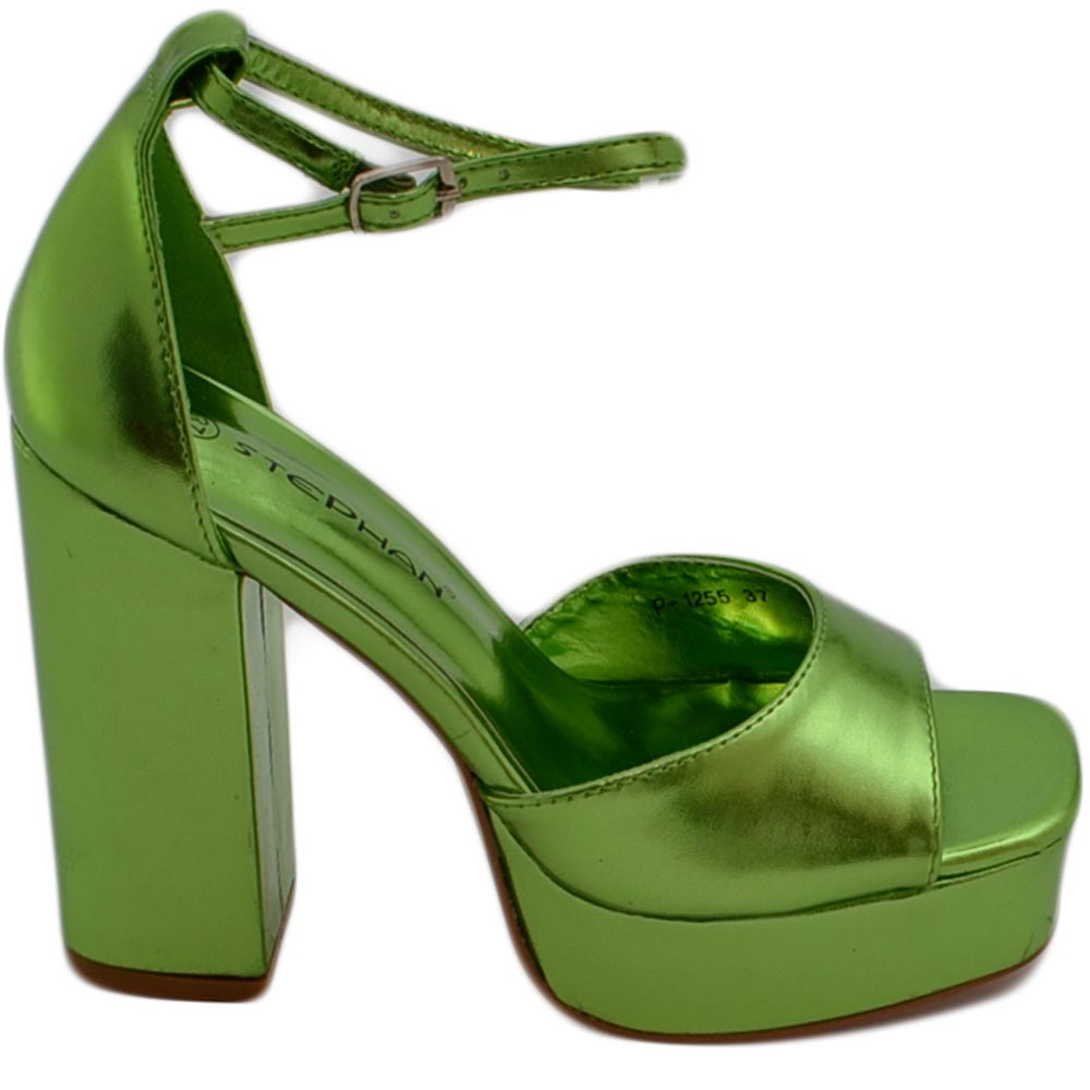 SANDALO DONNA TACCO IN PELLE VERDE ACIDO TACCO DOPPIO 12 CM PLATEAU 3 CM CINTURINO ALLA CAVIGLIA OPEN TOE MODA.