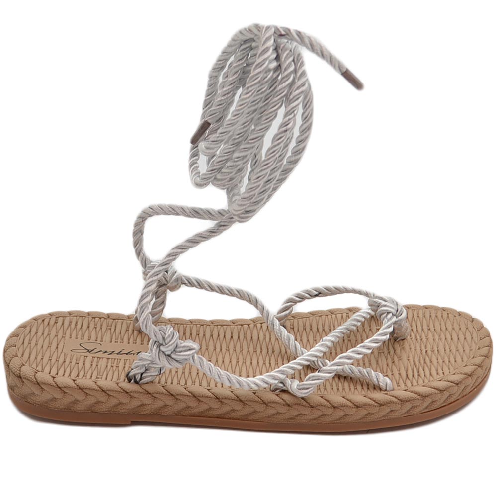 Sandali bassi donna grigio con corda di canapa alla caviglia suola in cordone e gomma moda mykonos a gladiatore
