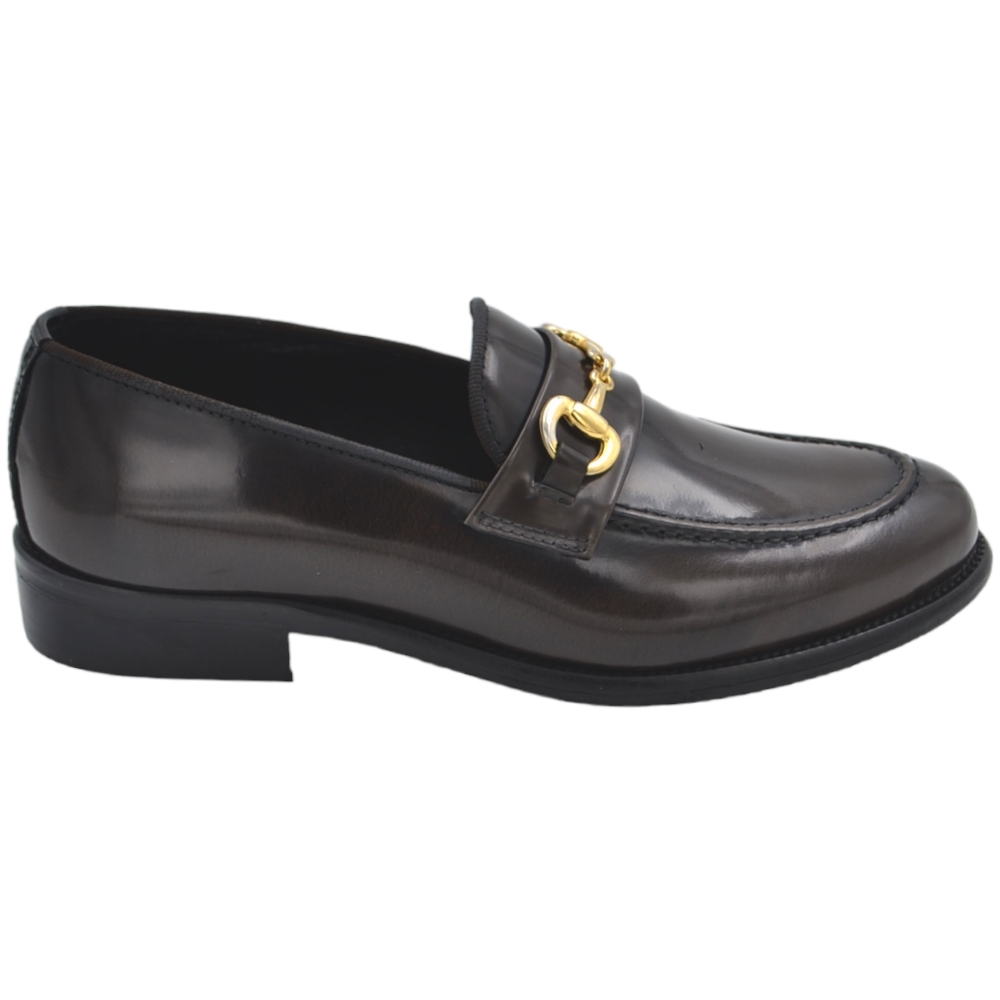 Scarpe mocassino uomo elegante morsetto oro vera pelle abrasivata marrone suola in cuoio antiscivolo cerimonia evento