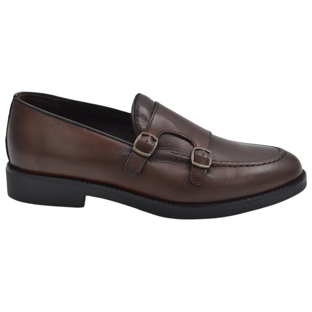Scarpe uomo mocassino fibbia doppia cuoio in vera pelle business fondo gomma alto 2,5 cm.