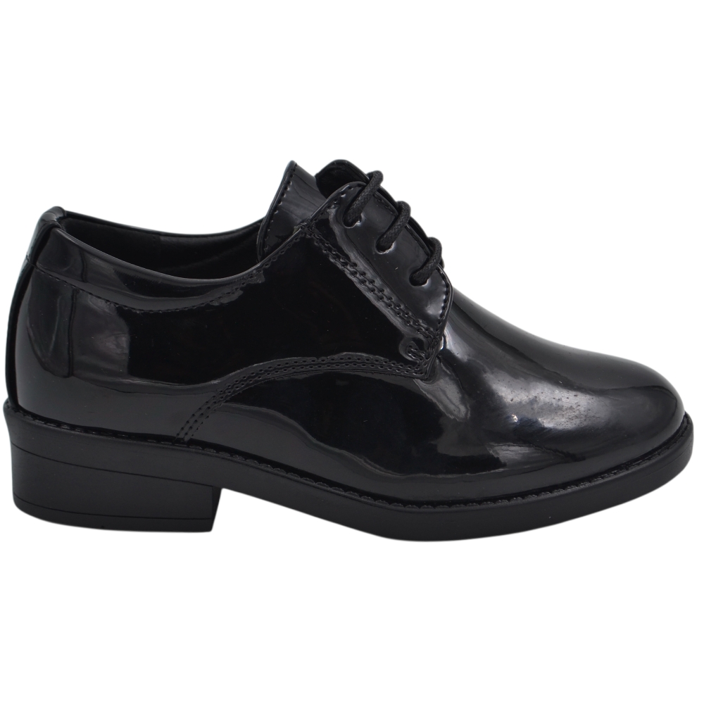 Scarpe stringate da bambino nere in vernice lucida modello Derby per cerimonia con tacco basso.