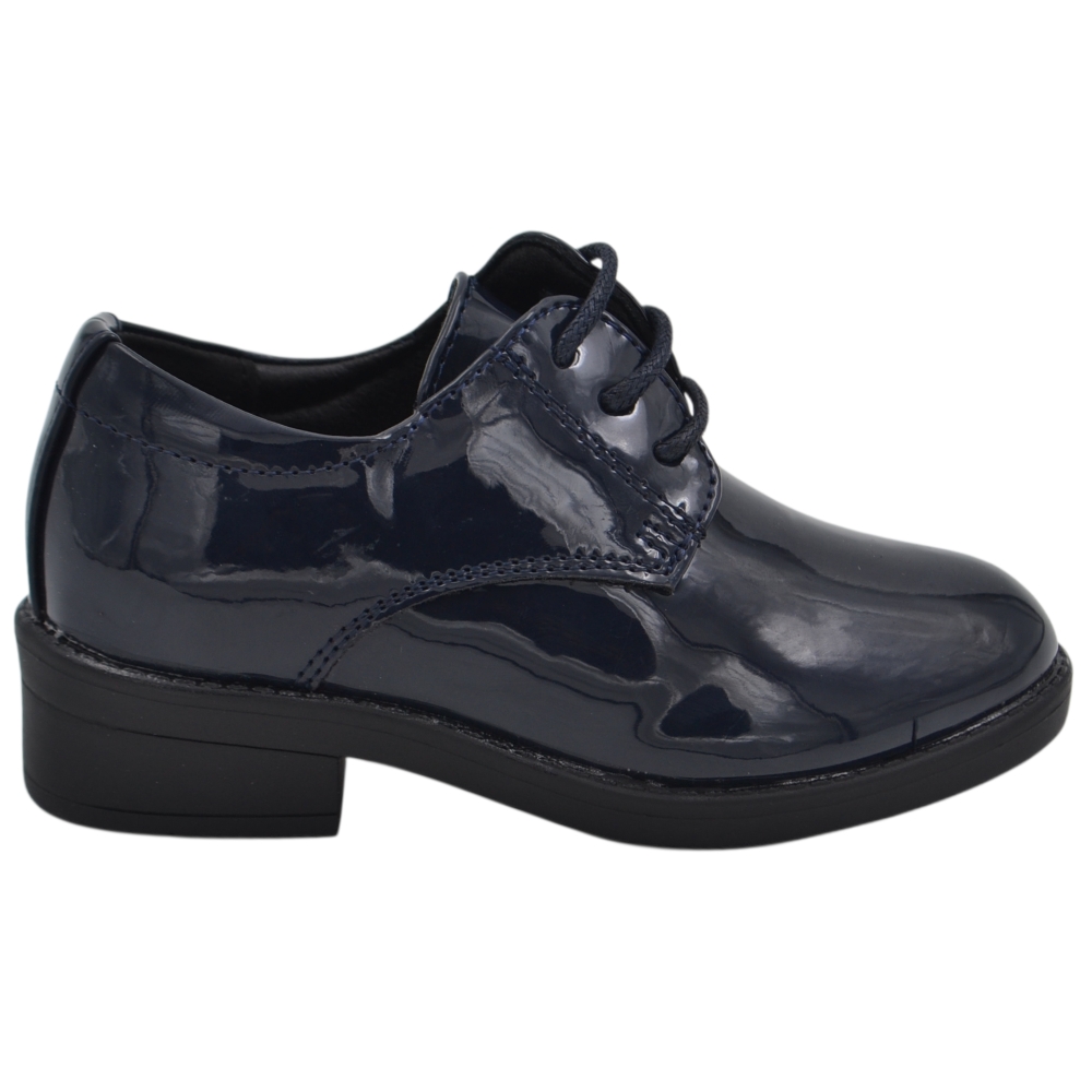 Scarpe stringate da bambino blu in vernice lucida modello Derby per cerimonia con tacco basso.