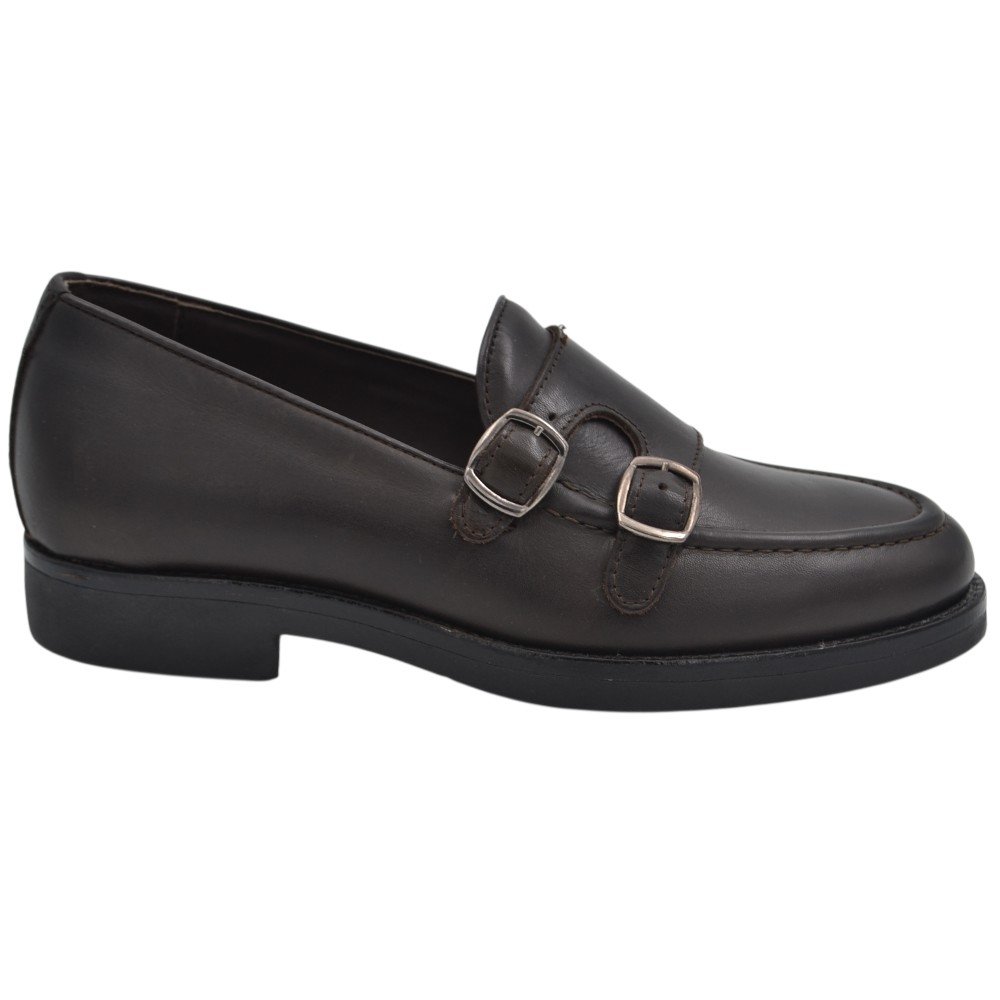 Scarpe uomo mocassino fibbia doppia marrone in vera pelle business fondo gomma alto 2,5 cm.