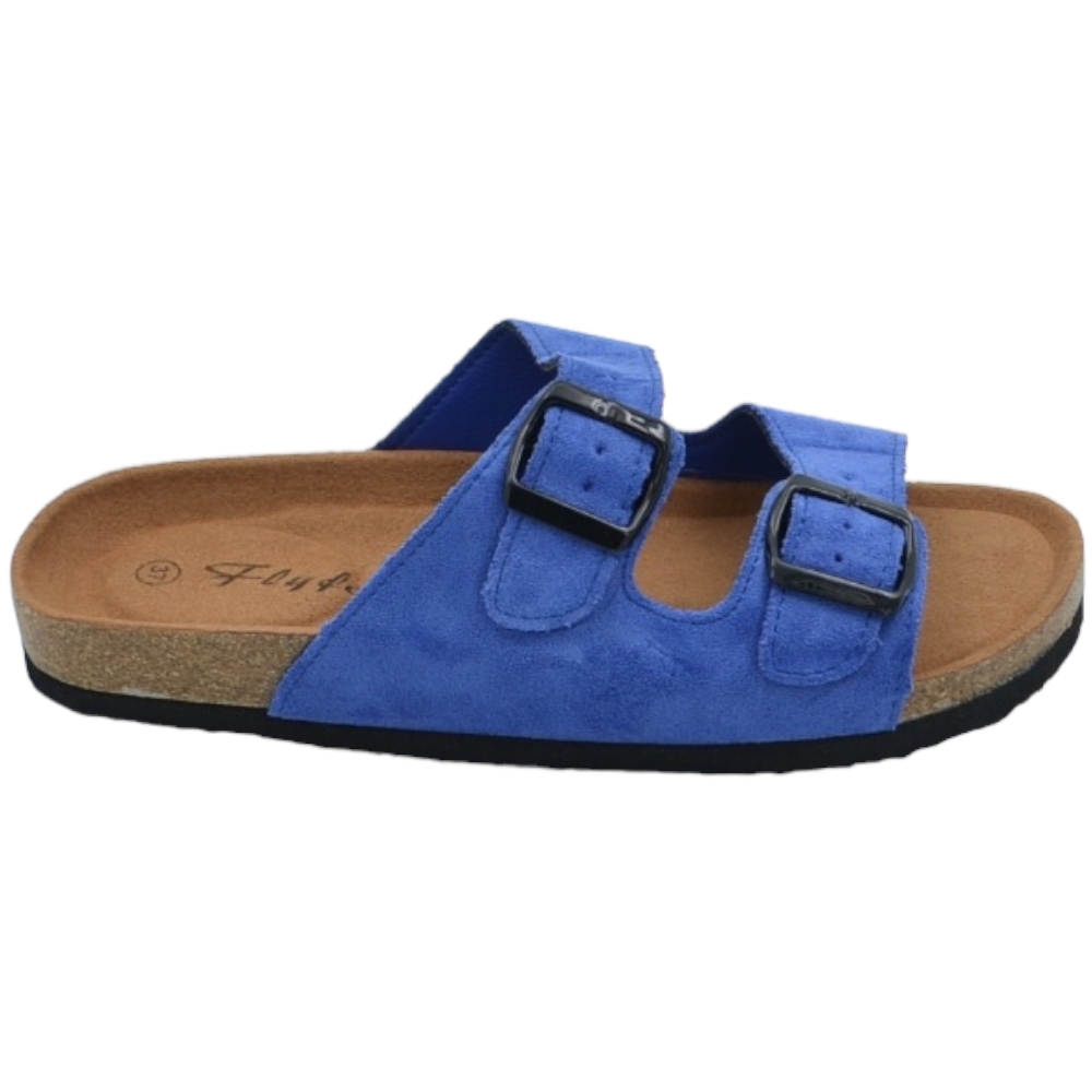 Sandali donna estivi in camoscio blu con doppia fibbia nera regolabile fondo Eva con antiscivolo 
