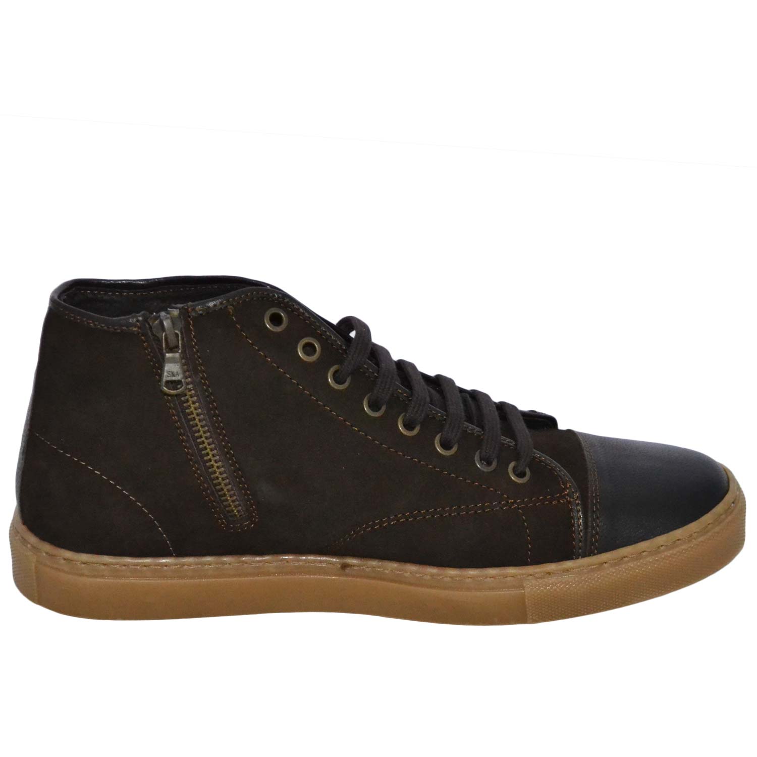 Sneakers  uomo alta zip vera pelle e camoscio testa di moro stringata 