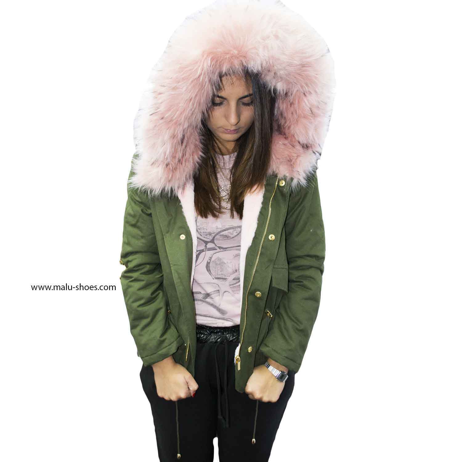 New parka corto verde rosa con pelliccia colorata voluminosa glamour