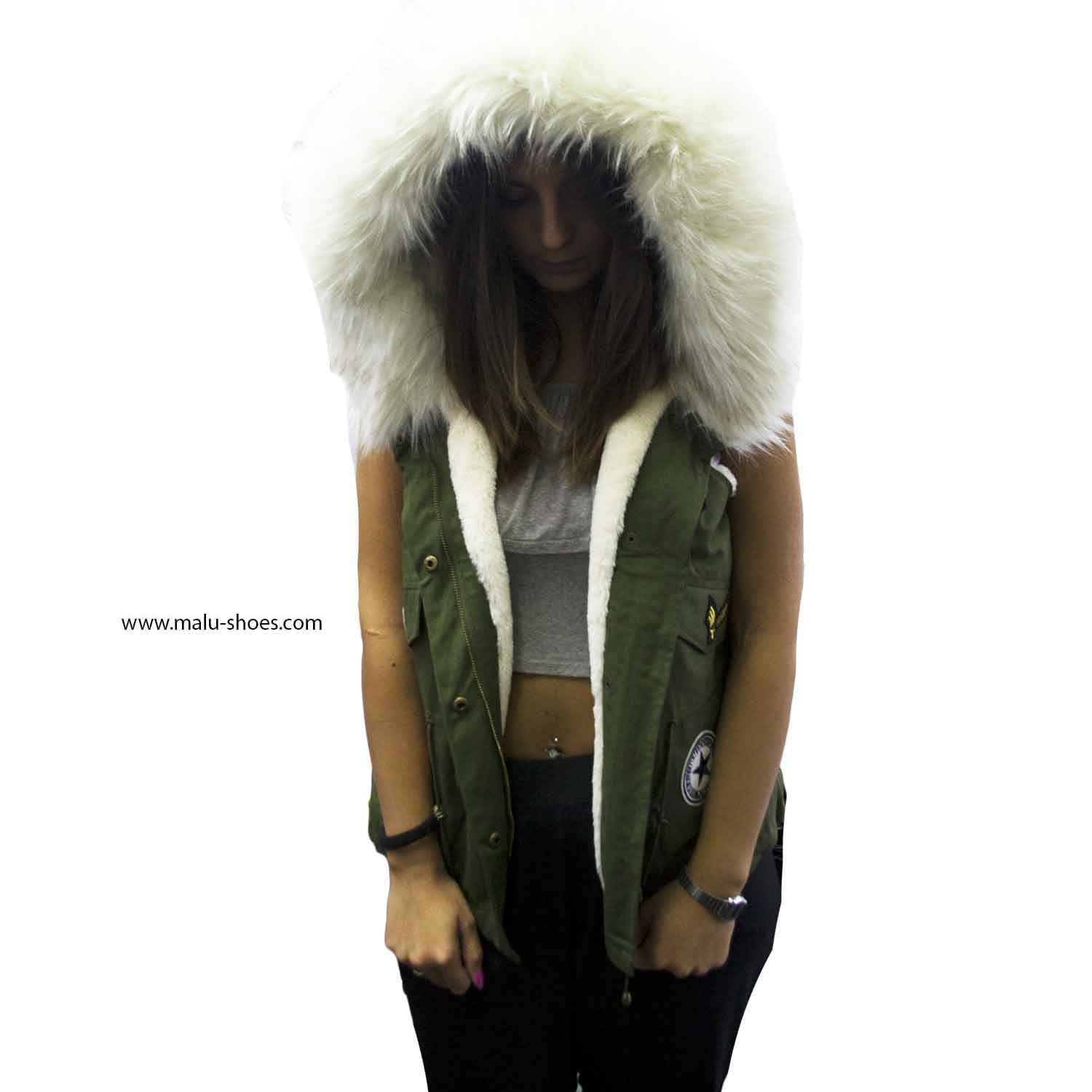 Parka donna verde gilet smanicato con pelliccia colorata bianco