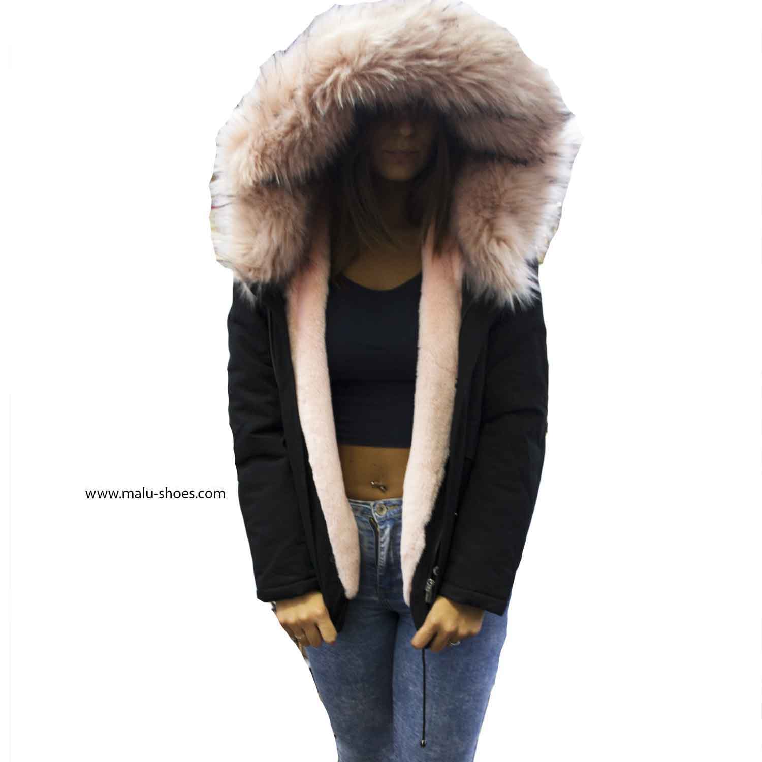 Parka donna corto nero con pelliccia colorata rosa voluminosa glamour