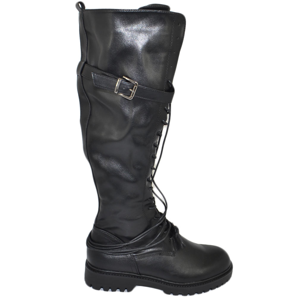 Stivali anfibi donna alto ginocchio fibbia zip fondo suola carrarmato comodo zeppa lacci lunghi moda aderente elastico